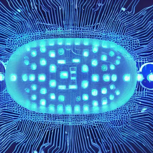 Image similar to artificial intelligence, server in the middle, deep view, heavy blue led lights, wires connected