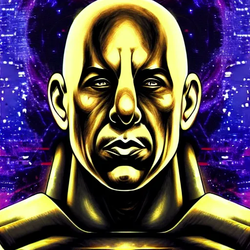 Prompt: an extraterrestrial vin diesel wearing futuristic armor pyramids and galaxies background by ken sugimori and junji ito in the style of dark fantasy, award - winning art, artstationhd