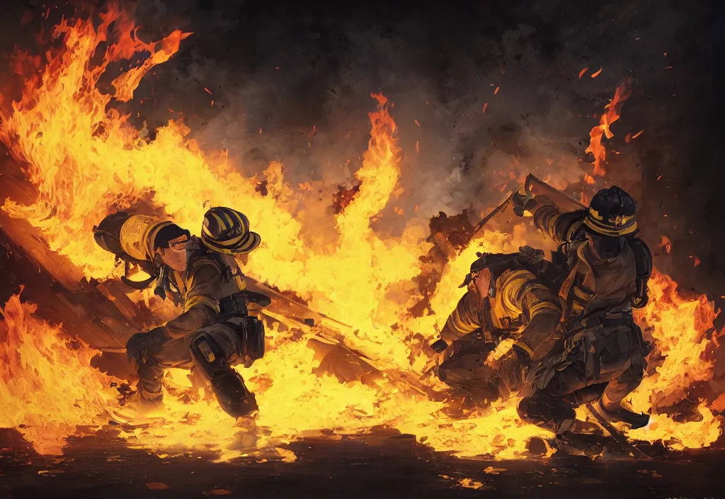 Image similar to heroic firefighter in action in black and yellow uniform, fire flames, sharp details, sharp focus, elegant, highly detailed, illustration, by jordan grimmer and greg rutkowski and pine ( ハイネ ) and 薯 子 imoko and 香 川 悠 作 and wlop and maya takamura, intricate