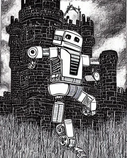 Prompt: an illustration of an autobot that is also a castle, in robot mode, full body, standing in a field on a cloudy day, pen-and-ink illustration, etching, by Russ Nicholson, DAvid A Trampier, larry elmore, 1981, HQ scan, intricate details