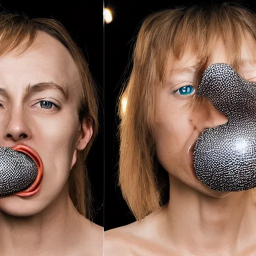 Image similar to woman who can detach her lower jaw stretched open her maw to swallow a disco ball iris van herpen