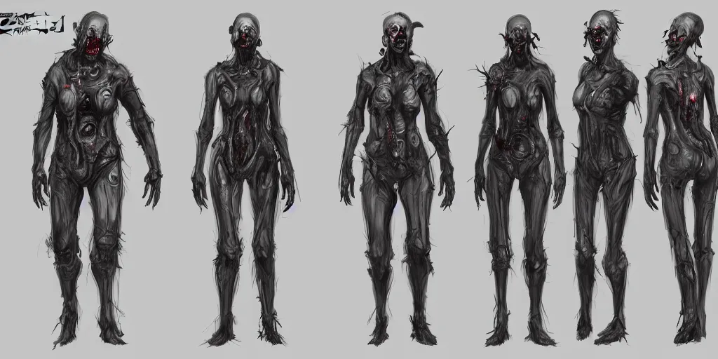 Image similar to sci - fi zombie character concept design ， character design sheet, trending on artstation