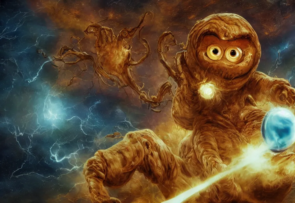 Image similar to eldritch horror bloody garfield in space, hd, 8 k, giant, epic, realistic photo, unreal engine, prophecy, powerful, cinematic lighting, destroyed planet, debris, violent, sinister, ray tracing, dynamic, epic composition, dark, horrific, teeth, grotesque, monochrome drawing, hellscape, corpses, foreboding, lightning, garfield cartoon eyes