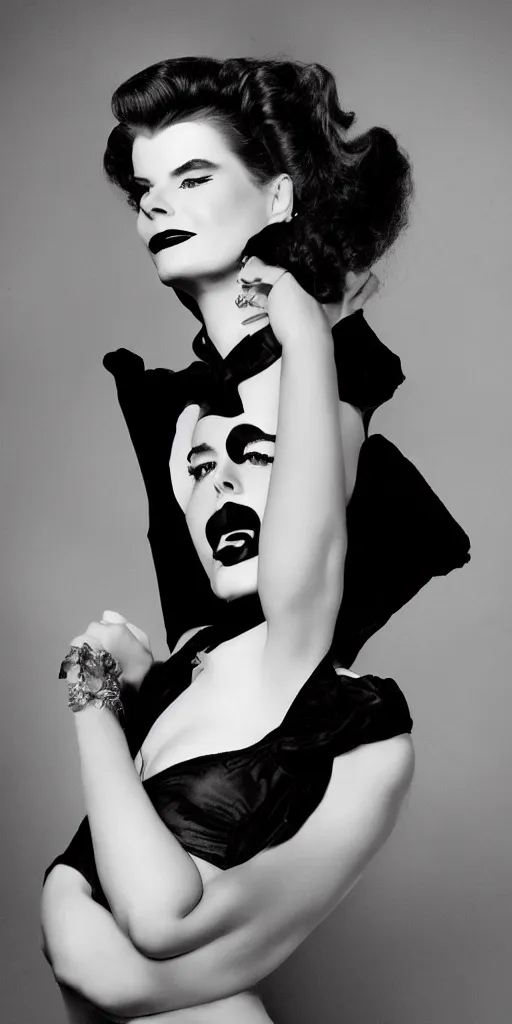 Prompt: a fashion photo portrait of a young Katherine Hepburn, full makup, smokey eye, medium shot. In the style of Helmut newton, robert maplethorpe, Stefano Brunesci, Lachlan Bailey, Herb Ritts, Ellen Von Unwerth, Haris Nukem, Sardax, Annie Leibovitz. detailed photo, hd, 4k, trending on artstation, 35mm, f1.8