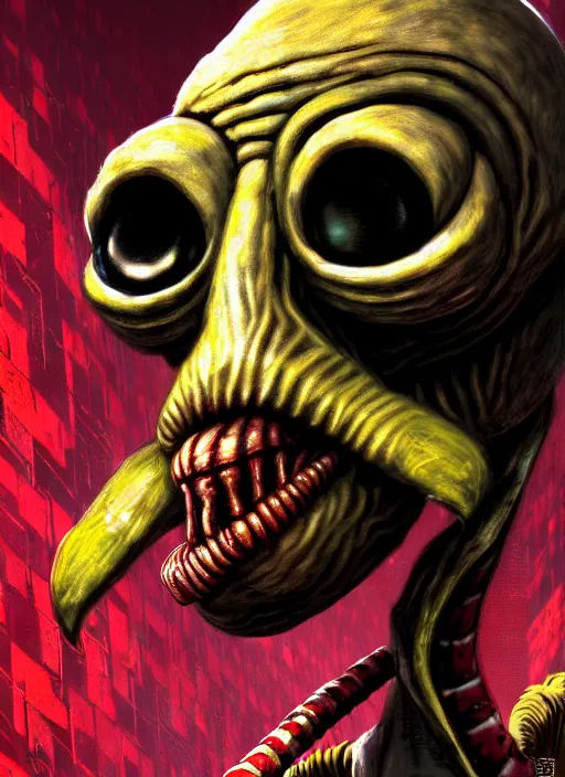Prompt: highly detailed closeup of a wacky character, from abe's oddworld, oddworld soulstorm video game by greg rutkowski, gradient yellow, black, brown, red and white color scheme, grunge aesthetic!!! white graffiti tag wall background