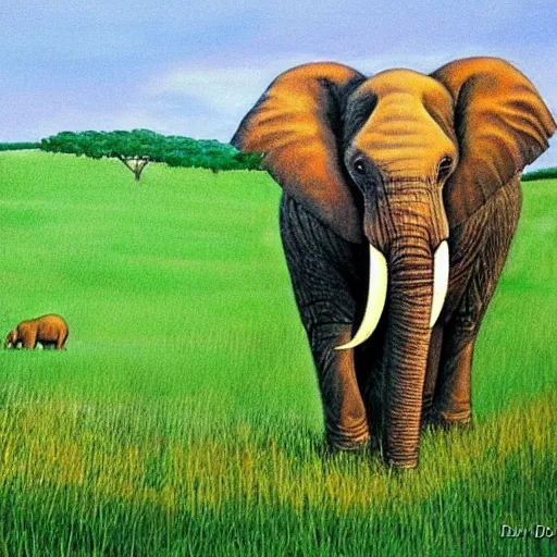 Prompt: an elephant on a green meadow art by Davis Jim