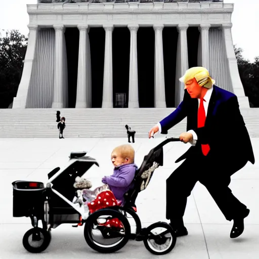 Image similar to highly detailed, award winning photograph of donald trump stealing candy from a baby in a stroller in front of the lincoln monument