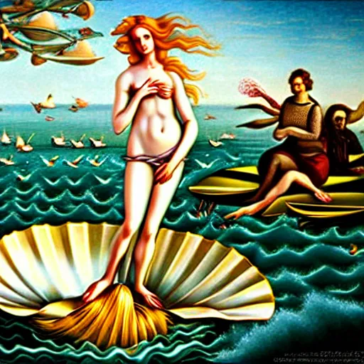 Prompt: the birth of venus, the minion, hyper realistic beautiful cinematic photography