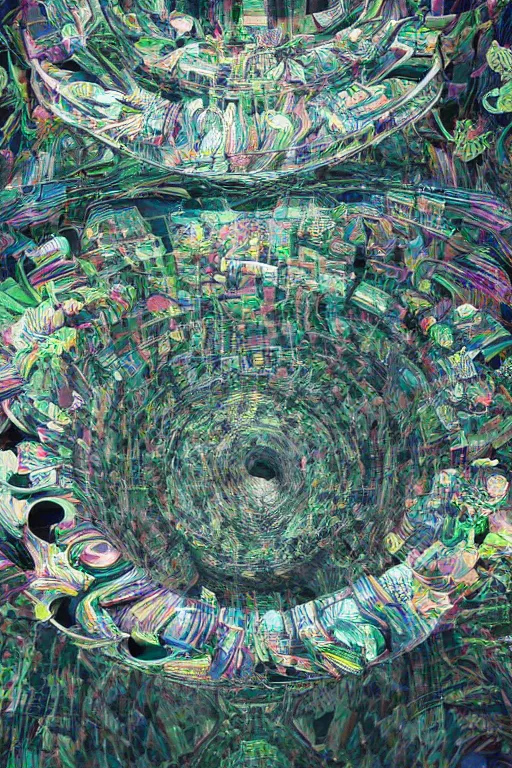 Prompt: hyperrealistic abstract close-up psychedelic!! Frank Wright's architecture turns into biotech Zarhi Khalid's architecture!!! in the form of a mobius strip on a mountain landscape!!! parts of the house hang as consoles in the form of lily petals, octane render, hd