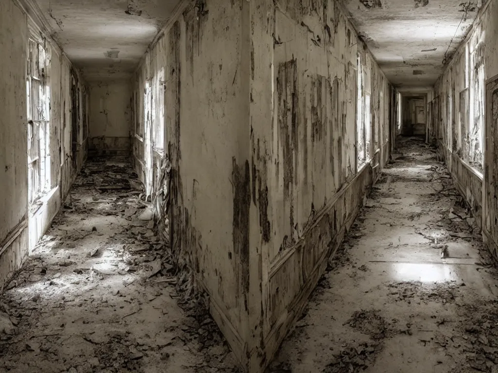 Prompt: a haunted asylum with long hallways, abandoned