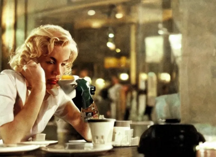 Image similar to a close - up, color cinema film still of a marlin monroe drinking coffee at a starbucks, ambient lighting at night, from matrix ( 1 9 9 9 ).