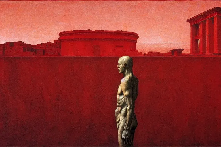 Image similar to only with red, caesar after war, the deal, a red tiger, in hoc signo vinces, rome in background, an ancient path, in the style of beksinski, part by hopper, part by rodcenko, part by hofbauer, intricate composition, red by caravaggio, insanely quality, highly detailed, masterpiece, red light, artstation