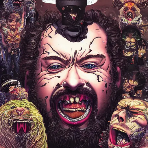 Prompt: portrait of crazy post malone melting, screaming, symmetrical, by yoichi hatakenaka, masamune shirow, josan gonzales and dan mumford, ayami kojima, takato yamamoto, barclay shaw, karol bak, yukito kishiro