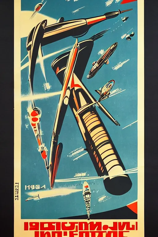 Image similar to ussr propaganda poster of 1 9 5 0 s space race, futuristic design, dark, symmetrical, washed out color, centered, art deco, 1 9 5 0's futuristic, glowing highlights, intense