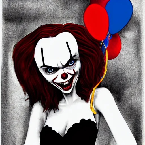 Image similar to grunge cartoon painting of margot robbie with a wide smile and a red balloon by chris leib, loony toons style, pennywise style, corpse bride style, horror theme, detailed, elegant, intricate