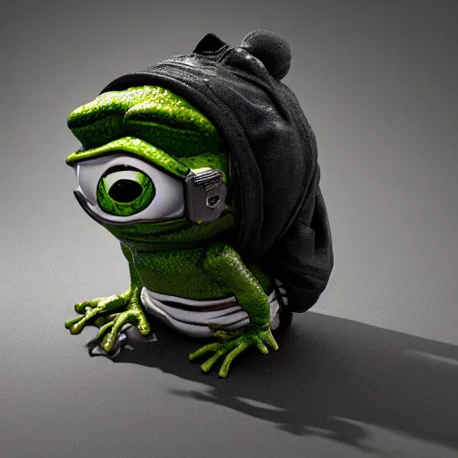 Image similar to perfectly accurate miniature figure of pepe the frog wearing jeans and a black leather jacket, soft textures, skin texture, clothing, 3d sculpture, textured, fine detail, lifelike, photo, high resolution, octane render, post processing, after effects, trending on artstation