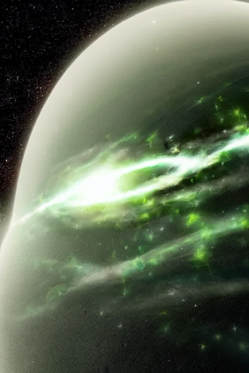 Image similar to a hyper realistic black sphere surrounded by green lightning and mist in the middle of the galaxy