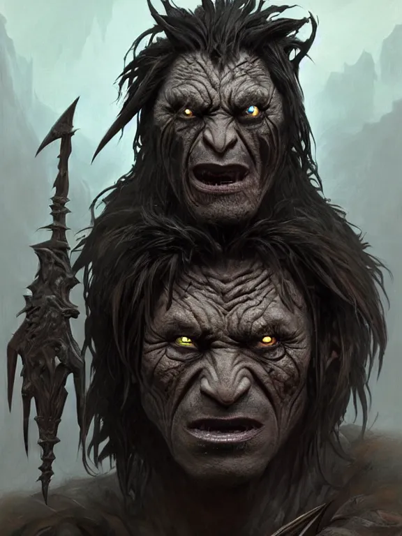 Image similar to portrait of sean penn as a black cavern orc, looking at camera, d & d, savage warrior, scale attire, aztec hair, large noses, intricate, fantasy, extremely detailed, digital painting, artstation, concept art, smooth, sharp focus, illustration, ambient lighting, art by artgerm and greg rutkowski and alphonse mucha and simon stalenhag