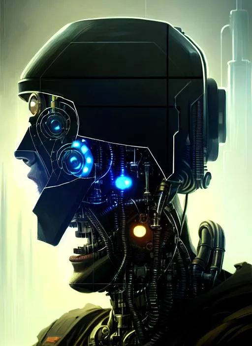 Prompt: a rugged young engineer man with cybernetic enhancements wearing a suit, detailed face with mask, scifi character portrait by greg rutkowski, esuthio, craig mullins, 1 / 4 headshot, cinematic lighting, dystopian scifi gear, gloomy, profile picture, mechanical, half robot, implants, steampunk