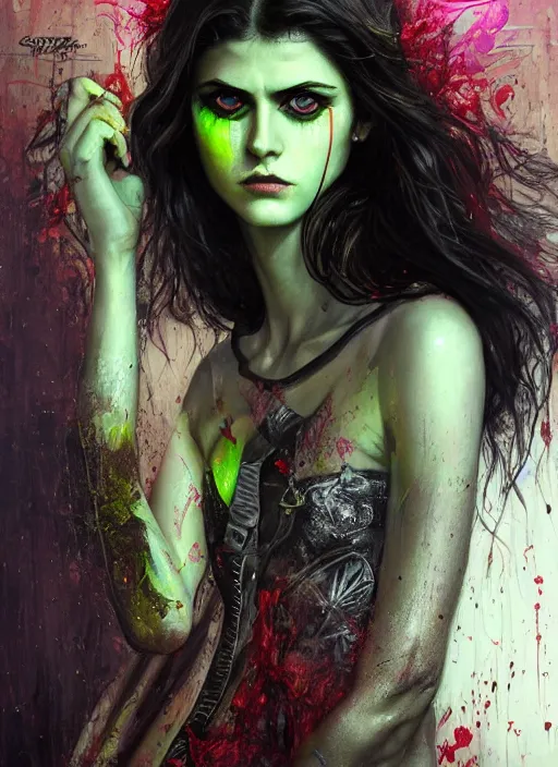 Image similar to a Demon Slayer portrait of Alexandra Daddario, tall, pale-skinned, slender with lime green eyes and long eyelashes by Stanley Artgerm, Tom Bagshaw, Arthur Adams, Carne Griffiths, trending on Deviant Art, street art, face enhance, chillwave, maximalist, full of color, glittering