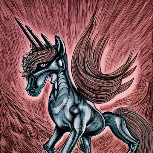 Image similar to detailed illustration of my little pony in the style of h r giger and wayne barlowe and junji ito