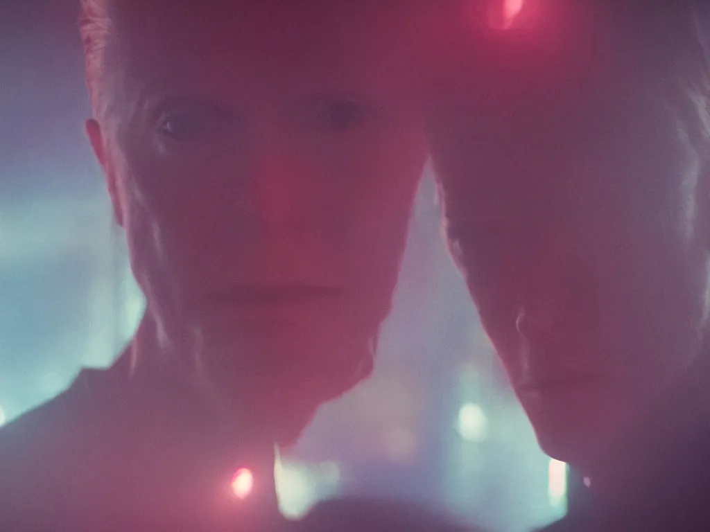 Prompt: David Bowie, close-up, film still from Blade Runner 2049, beautiful lighting, raining, neon lights, cinematic, depth, ultra-sharp details