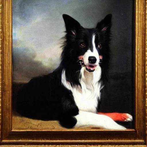 Prompt: A portrait of a border collie dog by Rembrandt, dramatic lighting, oil on canvas