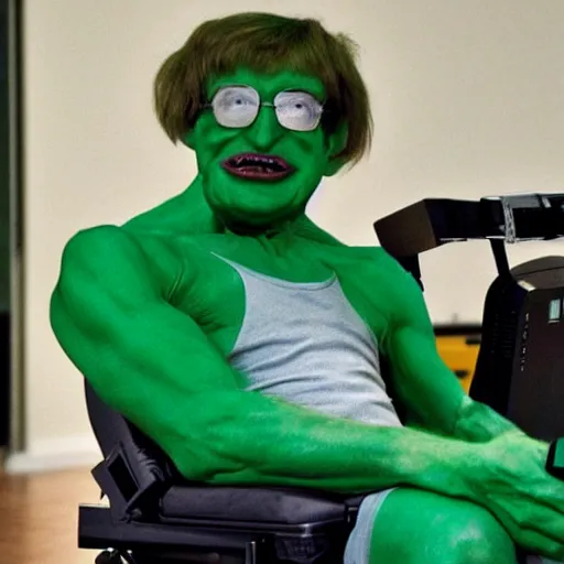 Prompt: stephen hawking cosplaying as the hulk, muscly stephen hawking wearing a hulk costume, bill gates jacked beefy cosplay award winner