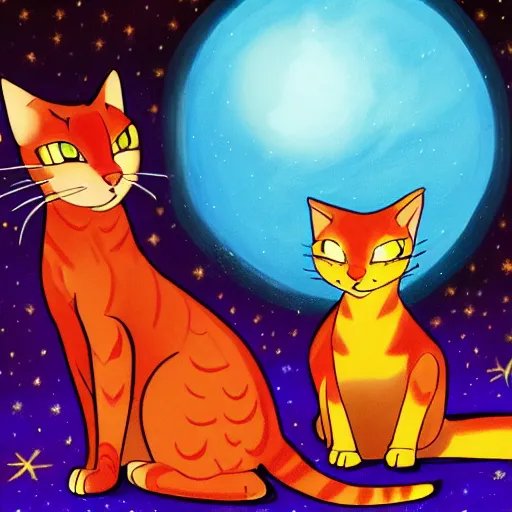Image similar to Firestar and Ravenpaw sitting next to each other looking into the Moon, Warrior cats, Erin Hunter, illustration of 2 cats, trending on artstation, Paintings