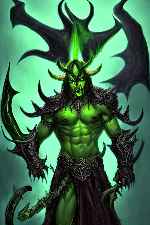 Prompt: illidan the elf demon hunter with band that cover his eyes with demon wings from world of warcraft with background digital painting trending on artstation