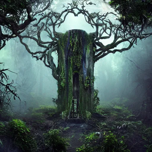 Prompt: ravenous, ominous portal to hades embedded in a creepy tree in a densely overgrown, magical jungle, fantasy, dreamlike sunraise, ultra realistic, atmospheric, stopped in time, epic