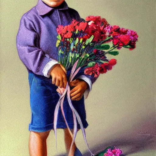 Image similar to a young boy is holding a bouquet of flowers, a pastel by bourgeois, pixabay, art & language, stockphoto, ilya kuvshinov, vray