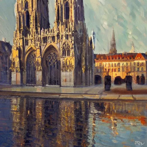 Image similar to an oil painting of Amiens, artstation, interesting lights, cathedral in background, perret