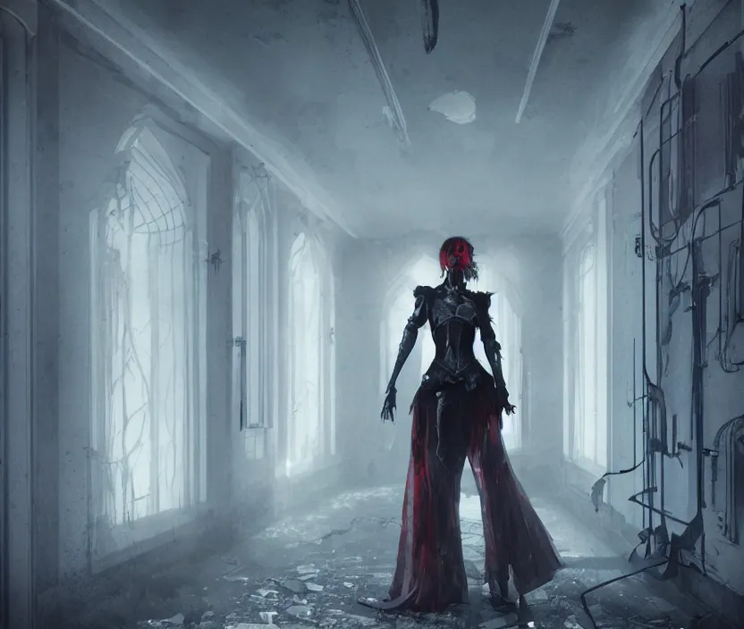 Image similar to imperial princess knight gothic girl standing on an abandoned hospital room with red ceiling lighting and several blue lights on the walls, gloomy and foggy atmosphere, octane render, artstation trending, horror scene, highly detailded