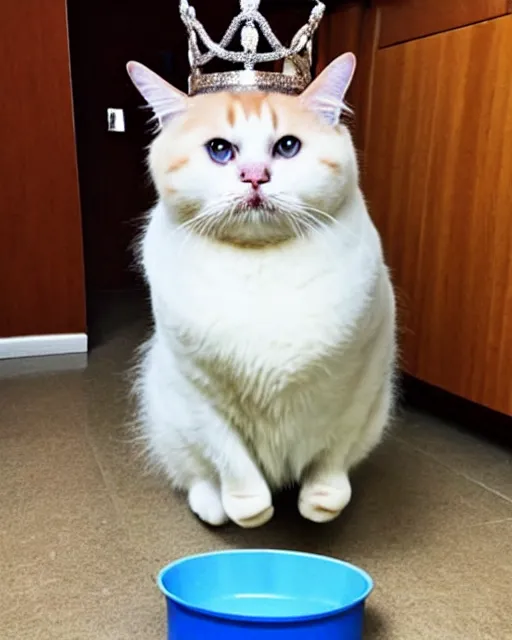 Prompt: Fluffy fat cat standing on two legs, wearing a crown, looking indignantly at the half-empty food bowl presented before her. Award-winning photograph, trending, funny, heartwarming