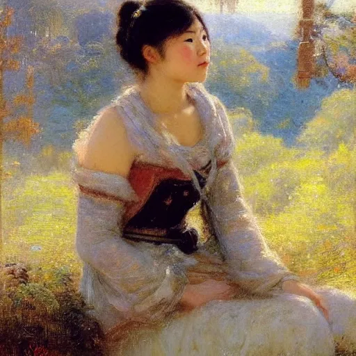 Image similar to intimate Gaston Bussiere portrait of Mei (Overwatch) in the midst of serene natural scenery