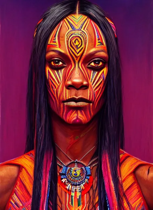 Image similar to portrait of zoe saldana, hyper detailed ultra sharp aztec shaman warrior. trending on artstation, warpaint aesthetic, bloodwave, colorful, psychedelic, ornate, intricate, digital painting, concept art, smooth, sharp focus, illustration, art by artgerm and greg rutkowski and h. r. giger, 8 k