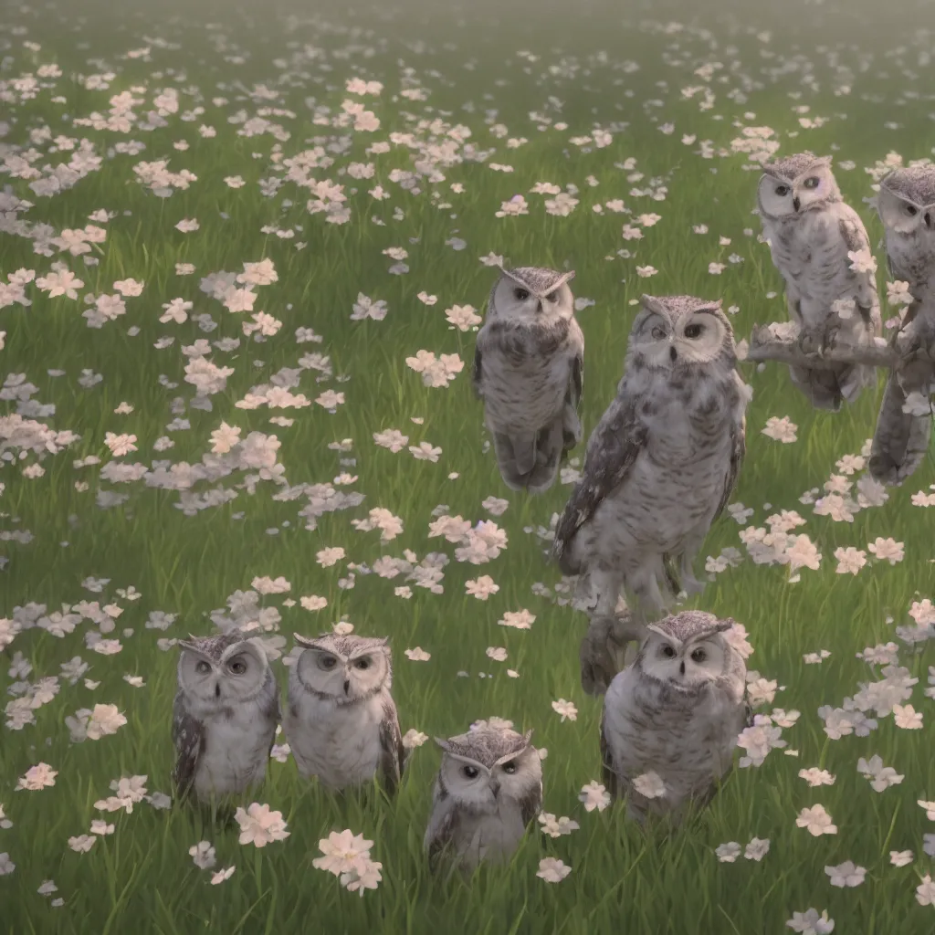 Image similar to film still of happy content cute owls wearing flowers and hats, in a field of delicate dainty blossoms, makoto shinkai, cinematic lighting, volumetric lighting, sunny, highly detailed, hand drawn, intricate, illuminated, 8k