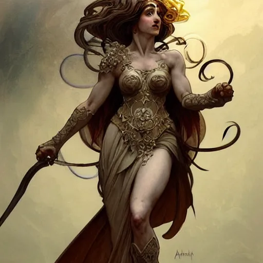 Prompt: a potato eilish as the roman goddess of chaos!! intricate elegant, highly detailed, digital painting, artstation, concept art, smooth, sharp focus, illustration, art by ( ( ( artgerm ) ) ) and greg rutkowski! and ( ( alphonse mucha ) ), heavily influenced by frank frazetta and boris vallejo, sword and sorcery