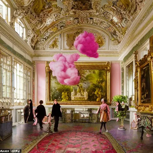 Image similar to victorian palace with beautiful gardens on pink fluffy clouds adopts the language of rococo, reimagining the dynamism of works by eighteenth - century artists such as giovanni battista tiepolo, francois boucher, nicolas lancret and jean - antoine watteau through a filter of contemporary cultural references including film, food and consumerism