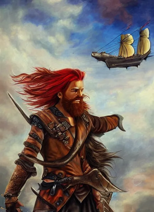 Prompt: epic fantasy portrait painting of a long haired, red headed male sky - pirate in front of an airship in the style of the simpsons