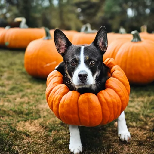 Prompt: dog wearing pumpkin costume, award - winning 4 k photography