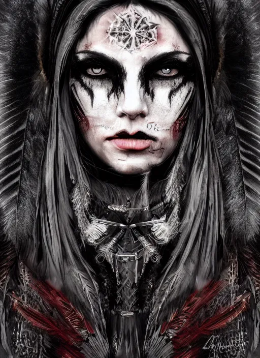 Image similar to digital art of a young woman in dark shamanistic ritual clothing accented by black feathers, dark ravenlike makeup on her face, post apocalyptic, dystopian, high resolution, highly detailed, fallout, raider, 4 k, artstation, dark lighting