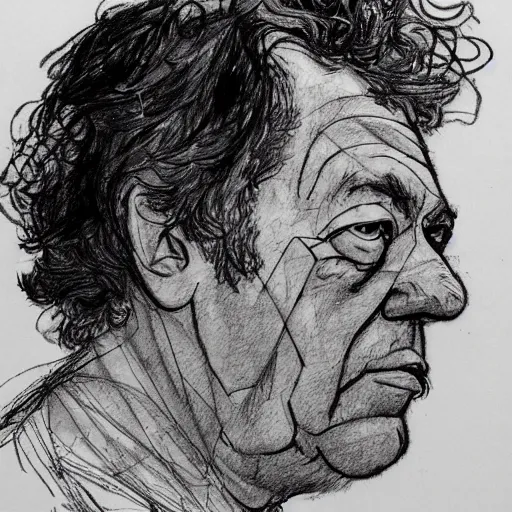 Prompt: a realistic yet scraggly portrait sketch of the side profile of a stern and sophisticated dean ween, trending on artstation, intricate details, in the style of frank auerbach, in the style of sergio aragones, in the style of martin ansin, in the style of david aja, in the style of mattias adolfsson