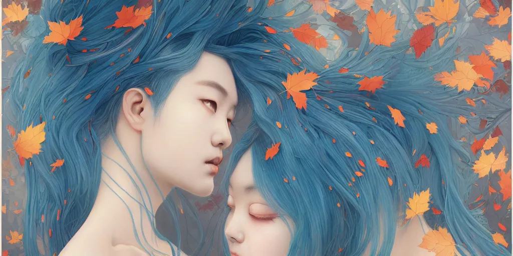 Image similar to breathtaking detailed concept art painting pattern of blue hair faces goddesses amalgamation autumn leaves with anxious piercing eyes, by hsiao - ron cheng and james jean, pastel colors, bizarre compositions, exquisite detail, 8 k