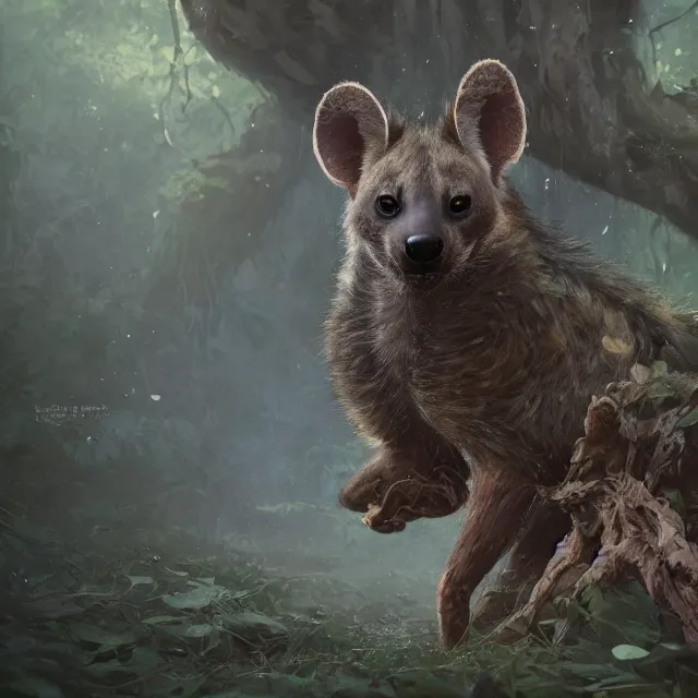 Image similar to a beautiful painting of a cute brown hyena. gray otter. in a forest. disney character design by cory loftis, fenghua zhong, ryohei hase, ismail inceoglu and ruan jia. artstation, volumetric light, detailed, photorealistic, rendered in octane