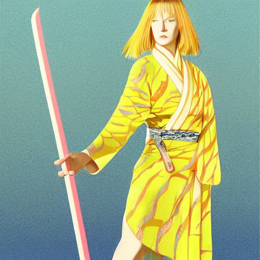 Image similar to breathtaking detailed pattern pastel colors, action scene from kill bill, with uma thurman ( kill bill ) in yellow kimono, swinging katana sword, and mt. fuji, by hsiao - ron cheng, exquisite detail, enhanced eye detail