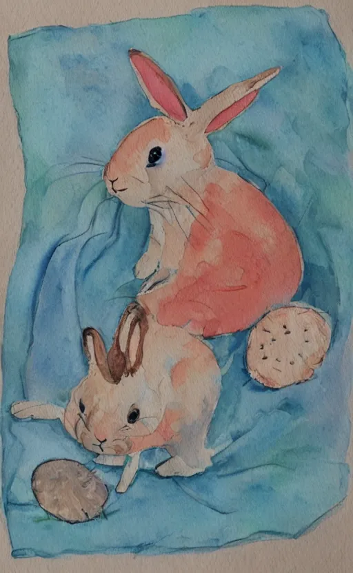 Image similar to watercolor illustration of a rabbit in pajamas falling asleep, tucked in bed