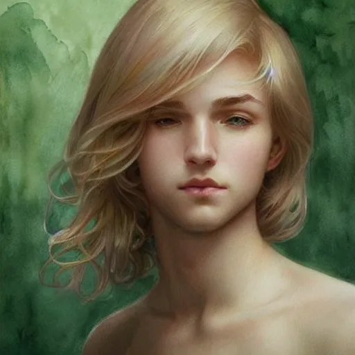 Prompt: teen boy, middle length hair, blonde hair, green eyes, gorgeous, amazing, delicate, feminine, elegant, intricate, highly detailed, watercolor, portrait, artstation, concept art, sharp focus, illustration, art by artgerm and greg rutkowski and alphonse mucha