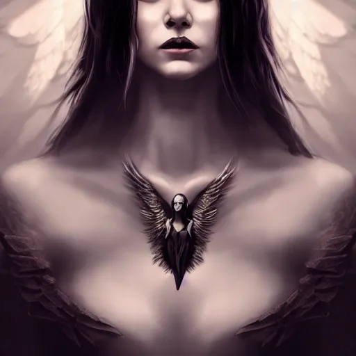 Image similar to perfectly - centered - portrait - photograph of an evil fallen angel wearing a dress, the perfect human female specimen, intricate, elegant, super highly detailed, professional digital painting, artstation, concept art, smooth, sharp focus, no blur, no dof, extreme illustration, unreal engine 5, 8 k, by anne stokes